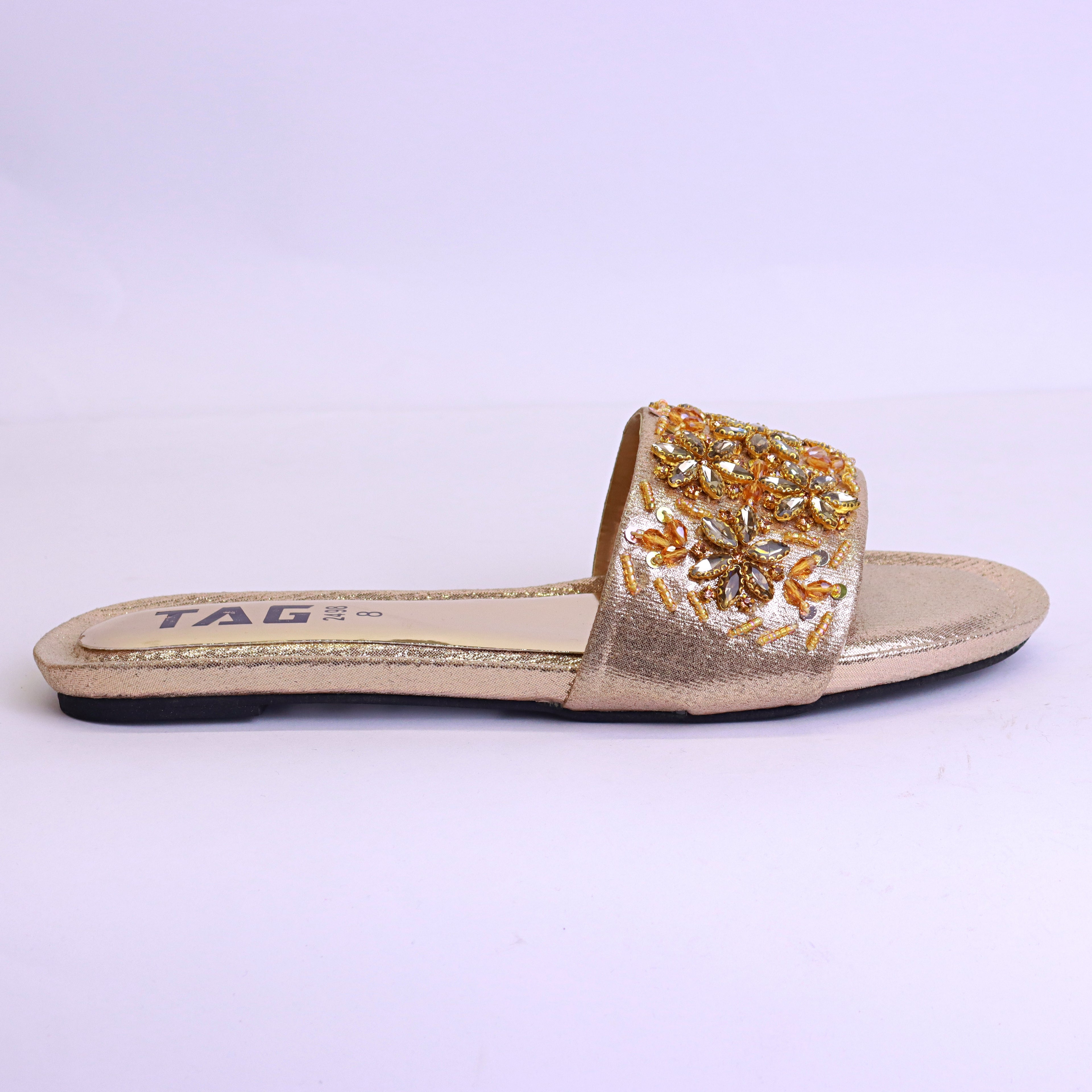 Women’s fancy flat slippers slides in golden, black, and maroon with intricate embroidery uppers, perfect for casual and stylish wear."