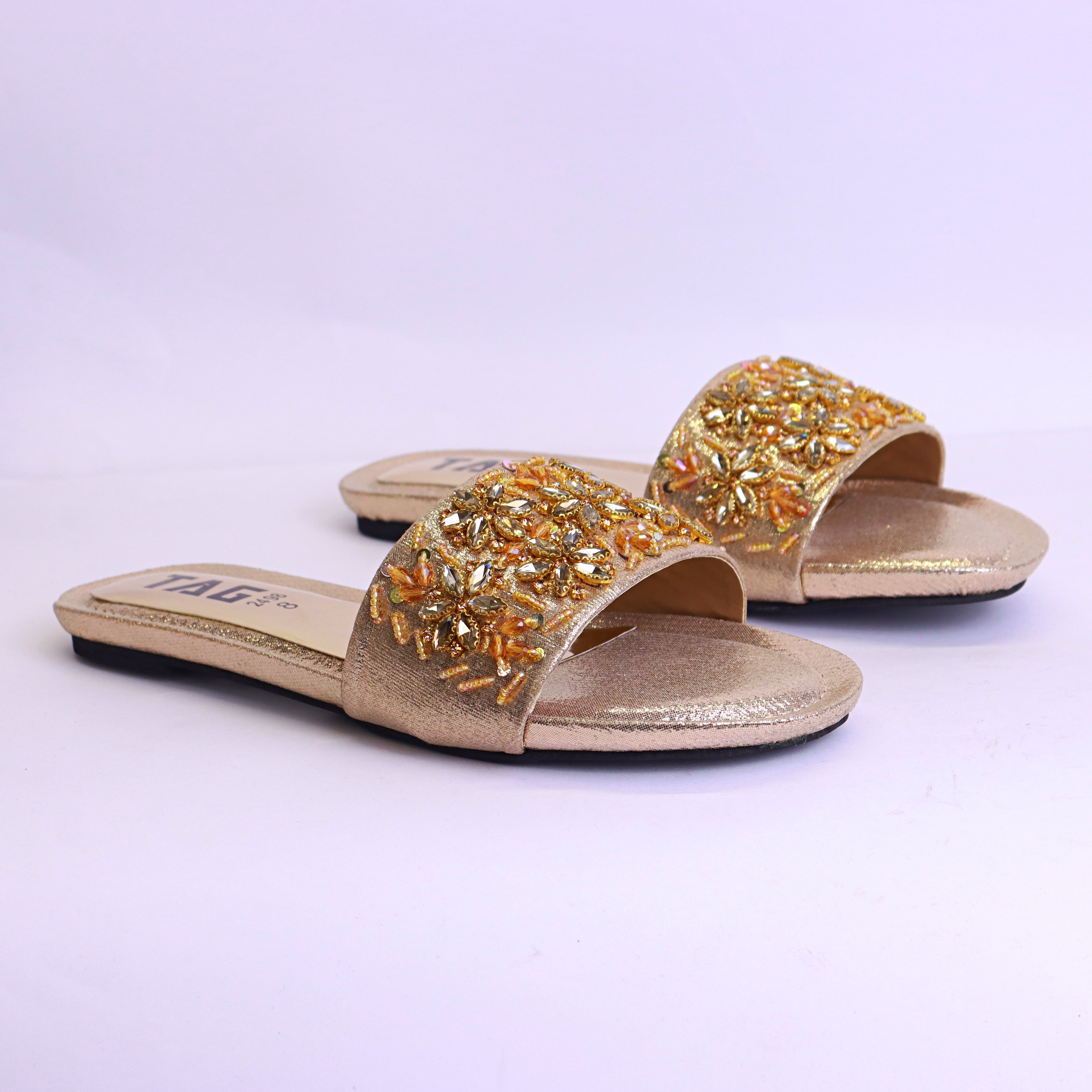 Women’s fancy flat slippers slides in golden, black, and maroon with intricate embroidery uppers, perfect for casual and stylish wear."