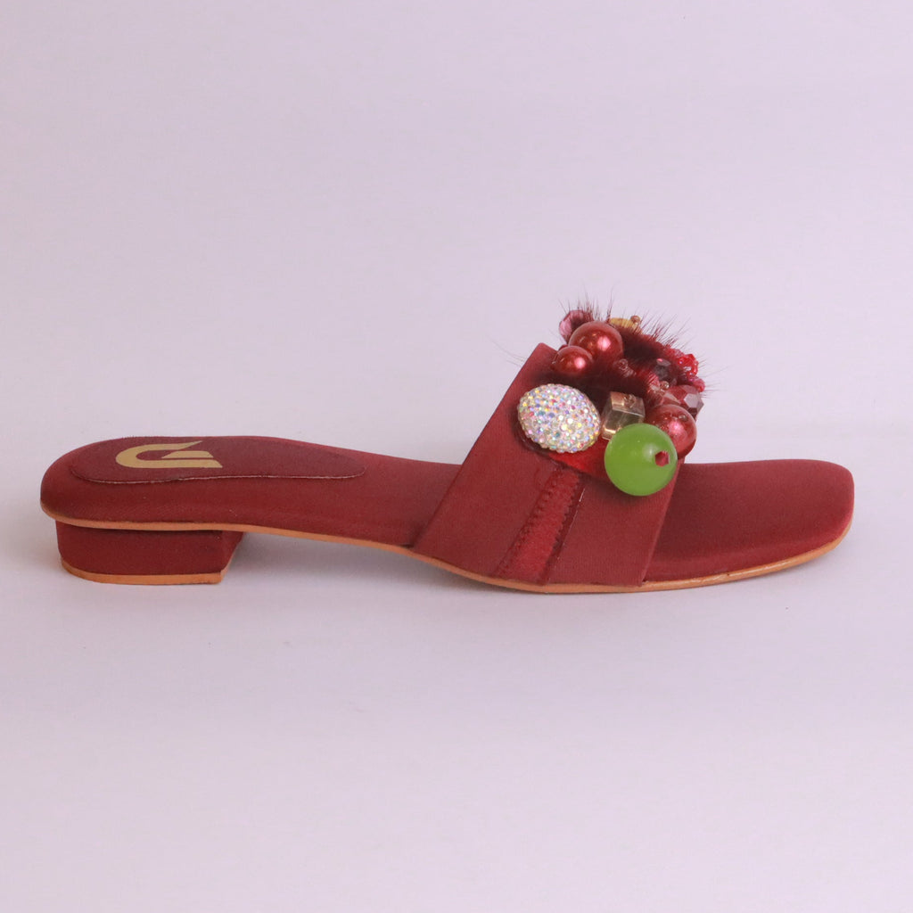Parish Footwear DA838 women fancy flat slippers in maroon – luxurious festive footwear Pakistan