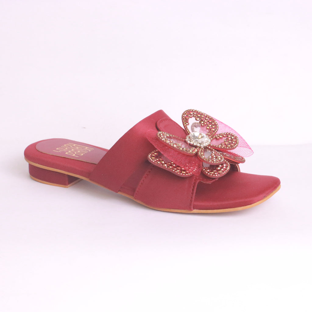 DA888 maroon flat slippers side view – high-end embellished design for Walima