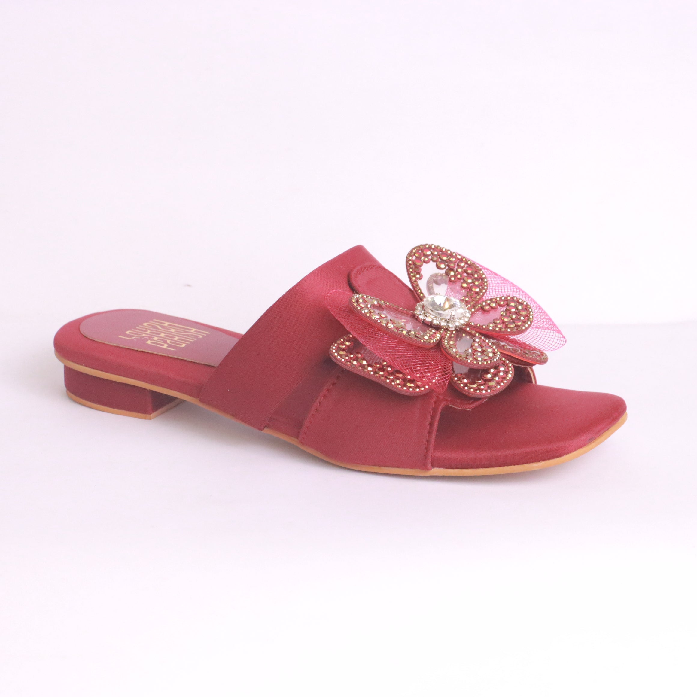 DA888 maroon flat slippers side view – high-end embellished design for Walima