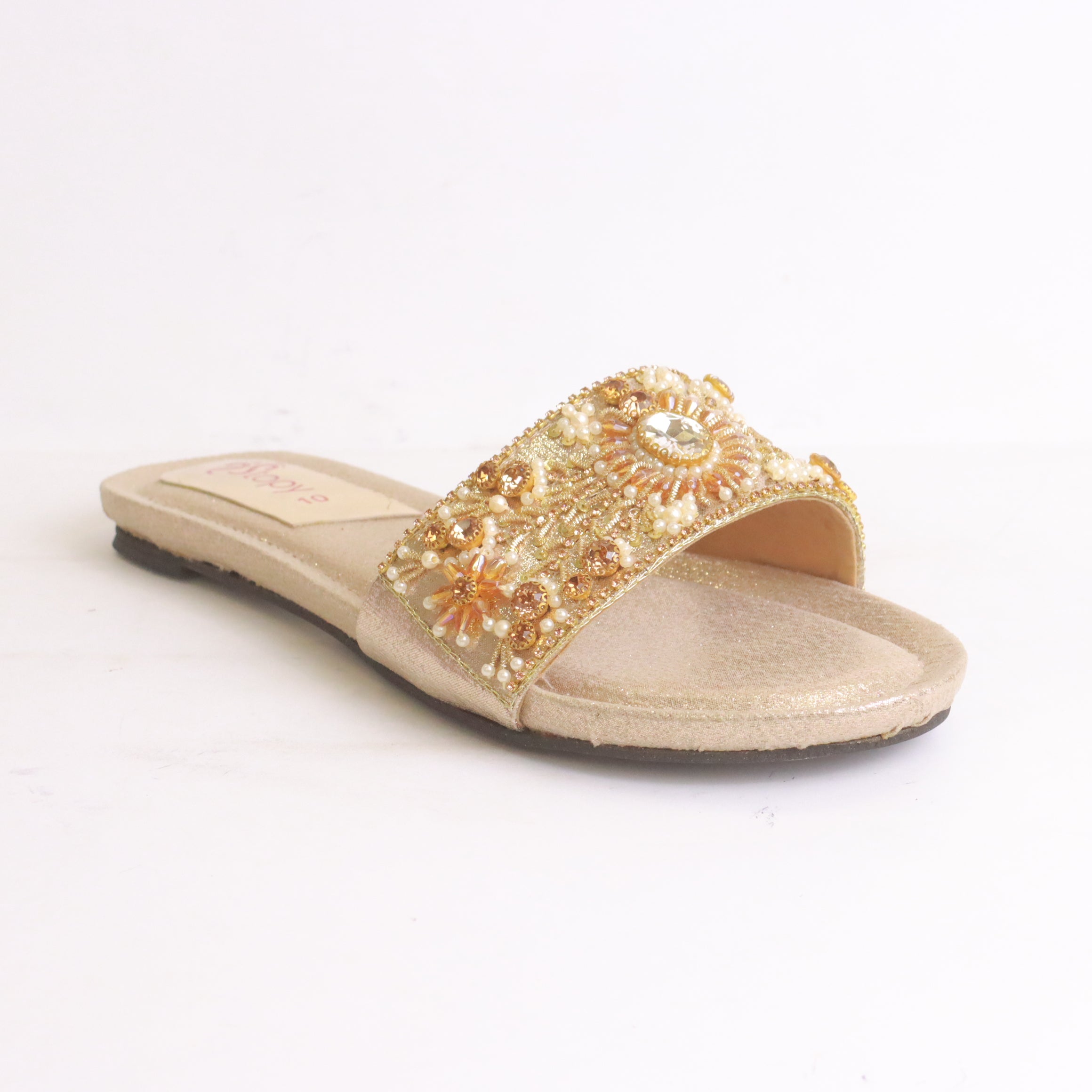 DA996 light golden flat slippers side view – warm radiance for Eid and wedding events