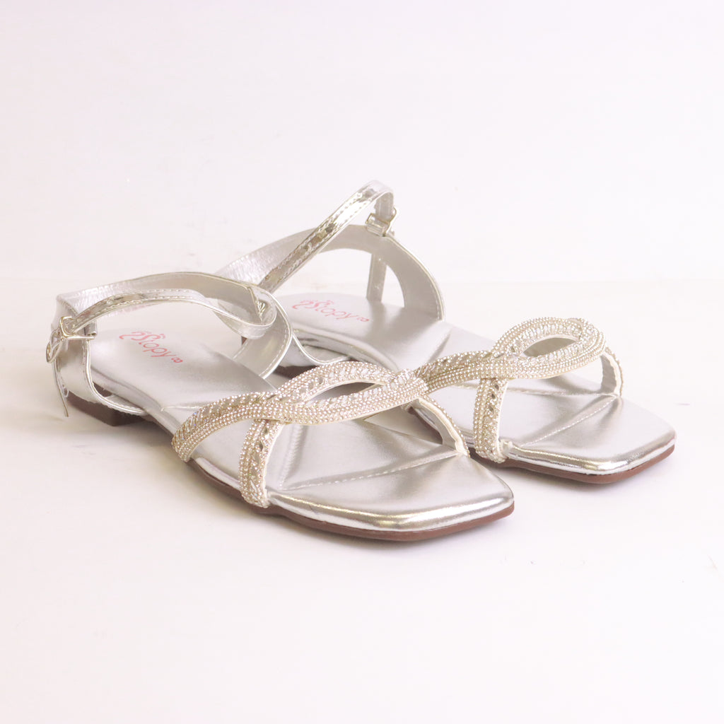 DA997 silver women flat sandals – glamorous embellished design for weddings and Eid Pakistan