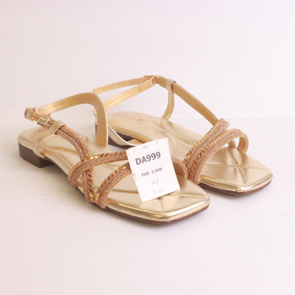 DA999 light golden women flat slippers – radiant finish for weddings and Eid Pakistan