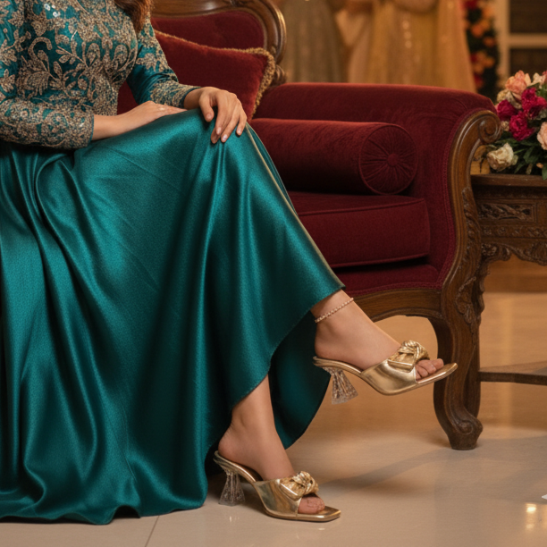 Woman in a teal dress sitting on a red couch in a decorated room with flowers and lights.