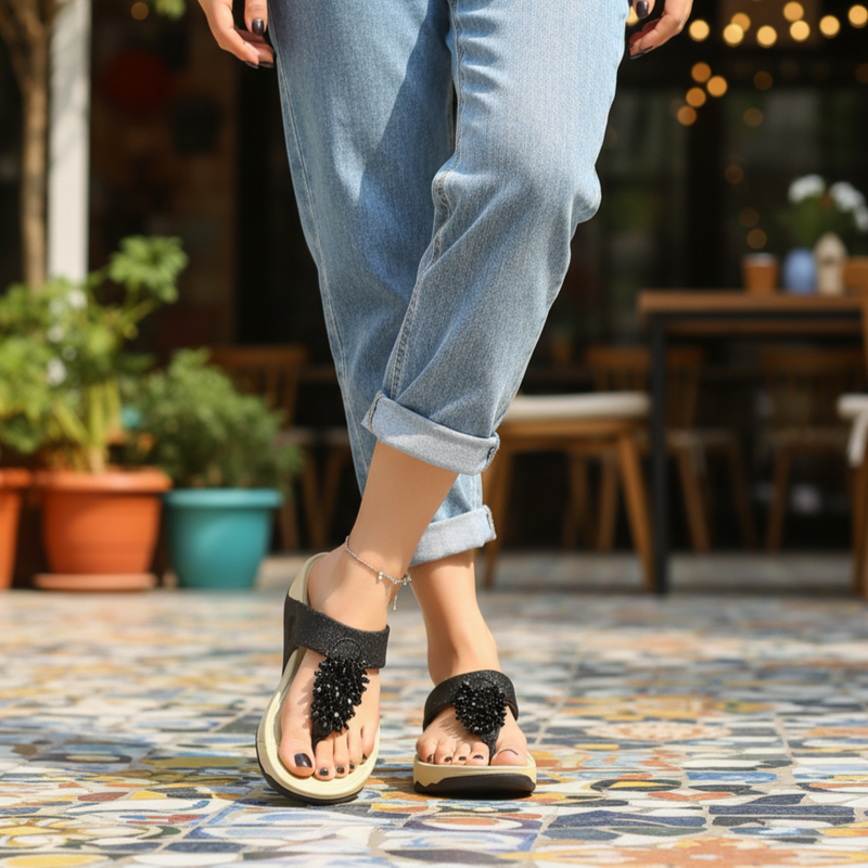 Person wearing blue jeans and black sandals on a patterned pavement with blurred background