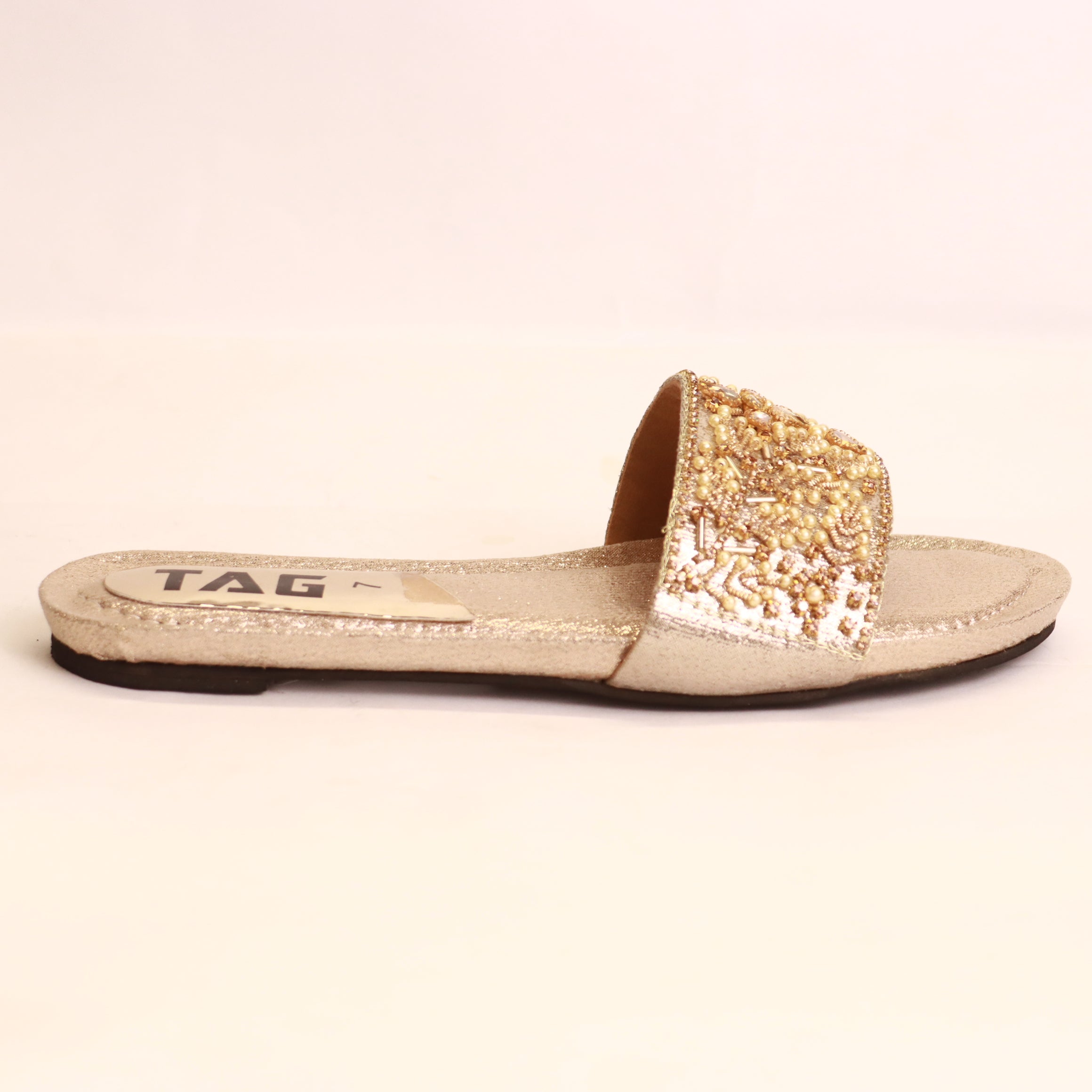 Parish Footwear DA793 women fancy flat slippers in light golden – Mehndi wedding occasion footwear Pakistan