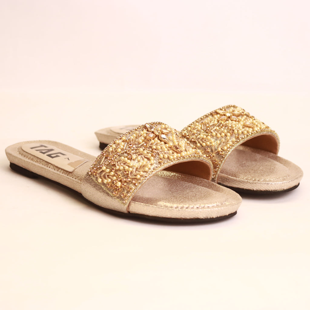 DA793 light golden flat slippers – occasion-ready embellished design for celebrations Pakistan