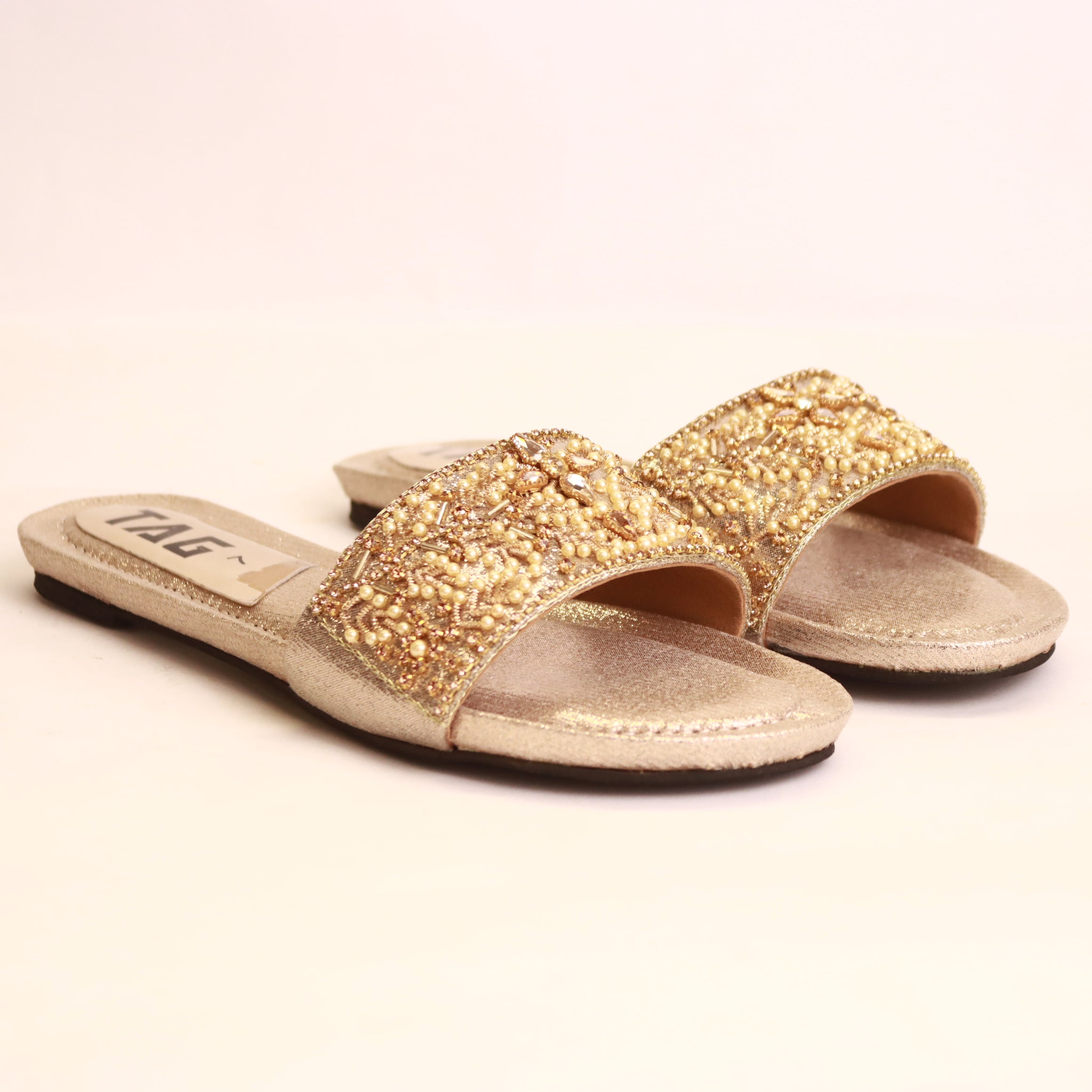 DA793 light golden flat slippers – occasion-ready embellished design for celebrations Pakistan