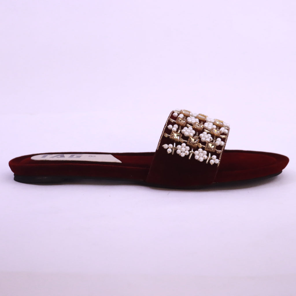 Parish Footwear DA825 women fancy flat slippers in maroon – bold festive occasion footwear Pakistan
