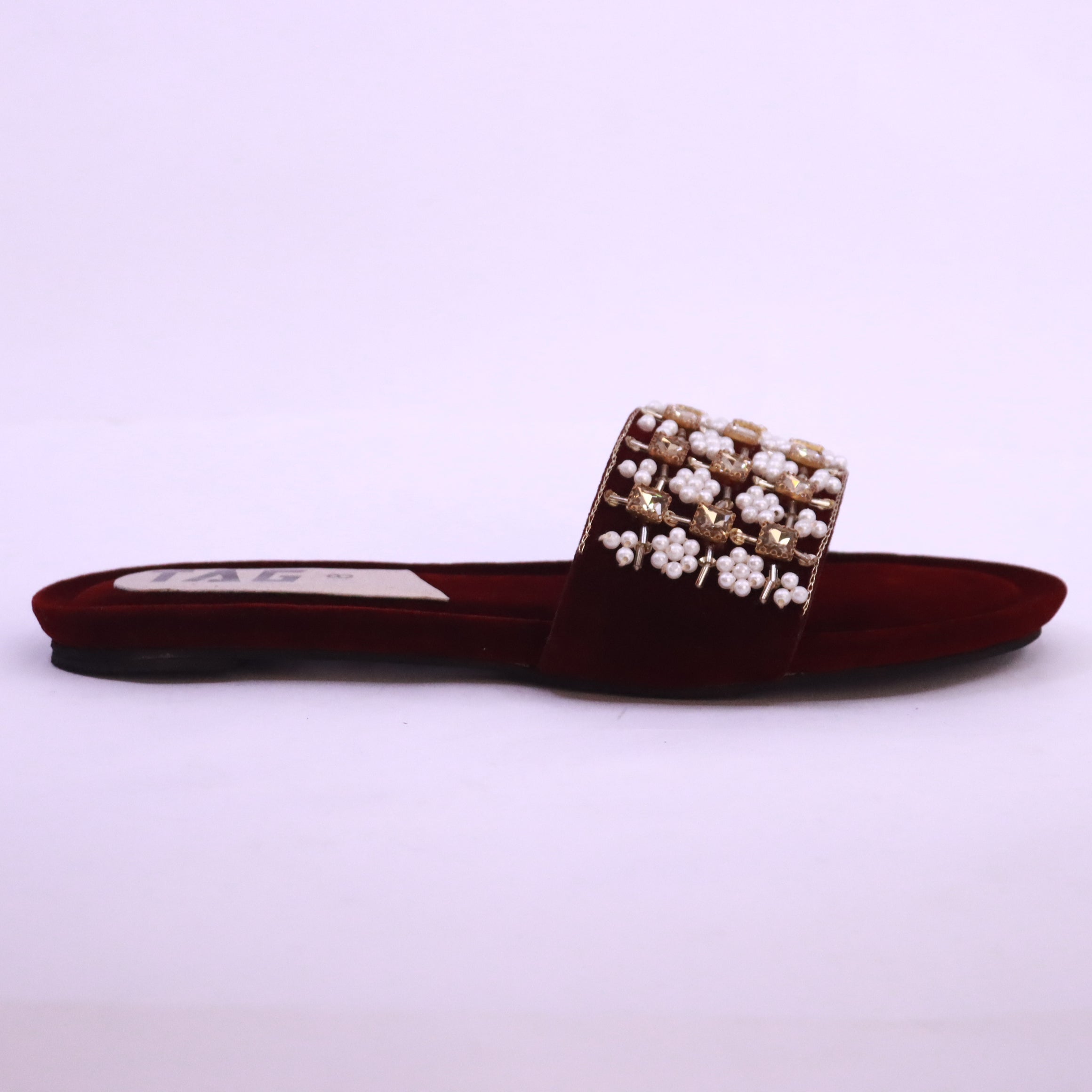 Parish Footwear DA825 women fancy flat slippers in maroon – bold festive occasion footwear Pakistan