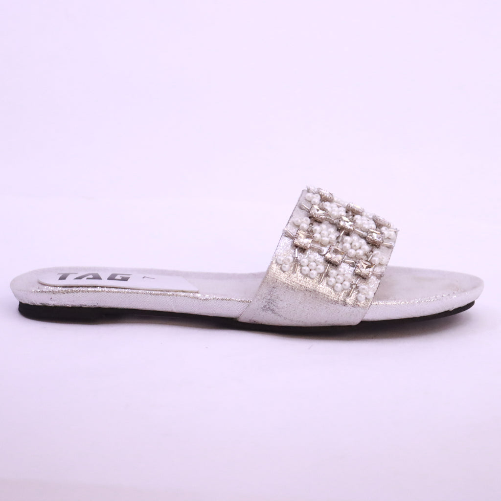 Parish Footwear DA825 women fancy flat slippers in silver – metallic occasion footwear Pakistan